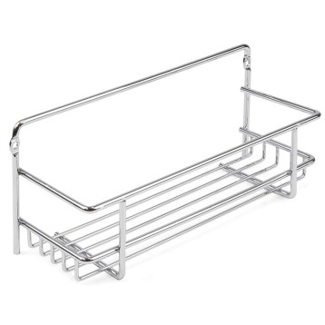 Estante de baño cromado con estructura metálica y múltiples niveles para almacenamiento