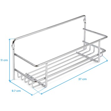 Organizador de cocina en acero cromado con tres niveles y asa frontal para almacenamiento