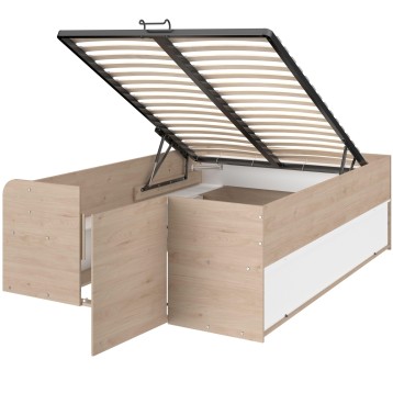 Cama con almacenaje abatible en madera clara y marco negro con somier de láminas visto