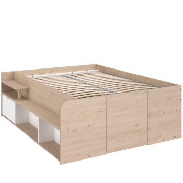 Cama nido con cajones de madera clara y almacenaje integrado vista en perspectiva frontal