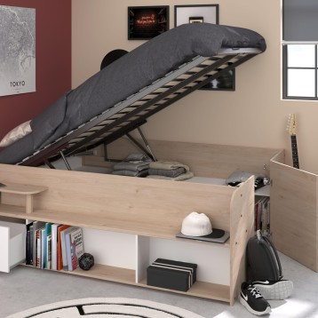 Cama con somier abatible en madera clara y tapizado gris oscuro con almacenaje integrado en dormitorio