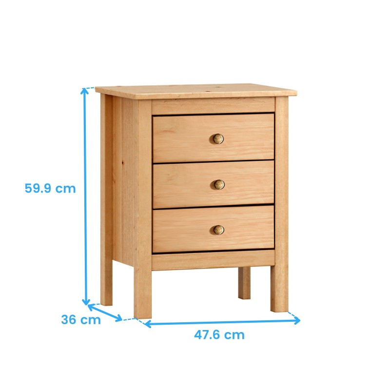 Mesilla de madera clara con tres cajones y patas de madera maciza vista frontal
