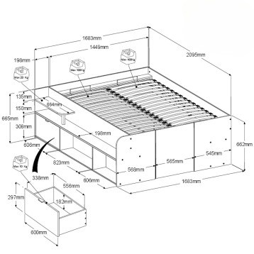 Cama con almacenaje bajo en estructura de madera y cajones laterales extraíbles vista en perspectiva técnica