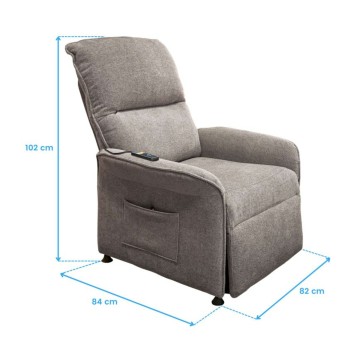 Sillón reclinable tapizado en gris claro con respaldo acolchado y bolsillo frontal vista frontal y lateral