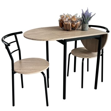 Conjunto de comedor con mesa redonda madera clara y patas negras y dos sillas estructura negra asiento madera