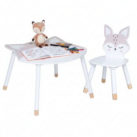 Conjunto infantil mesa y silla con formas de animales en blanco y madera con accesorios de dibujo