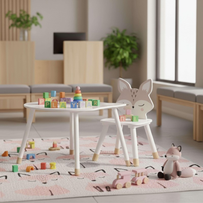 Mesa infantil blanca ovalada con patas de madera y silla con respaldo en forma de zorro en ambiente de juego