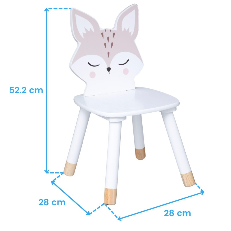 Silla infantil blanca con respaldo en forma de zorro y patas de madera natural