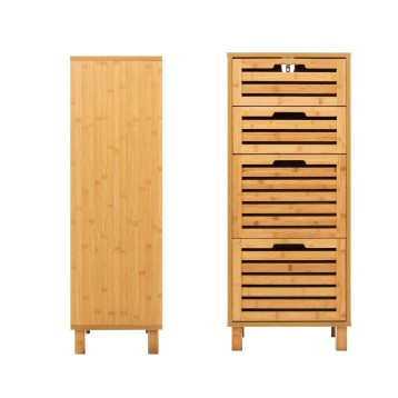 Cajonera de bambú con 4 cajones de listones y patas de madera vista frontal y lateral
