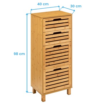 Cajonera de madera clara con cinco cajones y lamas horizontales negras