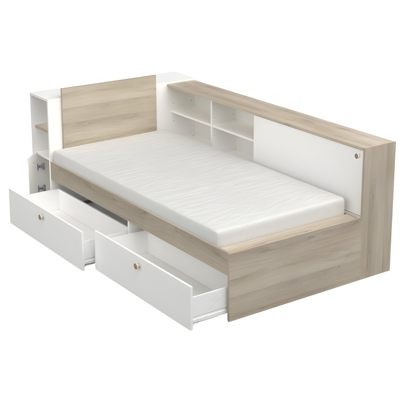 Cama con estructura madera clara y blanca con cajones de almacenamiento y respaldo con estantes integrados