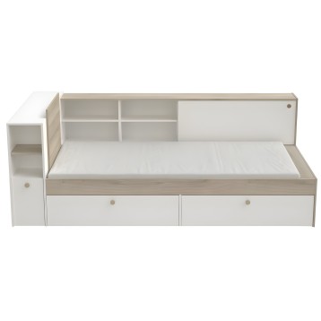 Cama nido infantil blanca y madera natural con cabecero estantes y cajones almacenaje