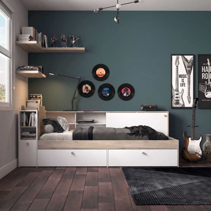 Cama individual con cajones blancos y cabecero integrado con estantes en dormitorio moderno
