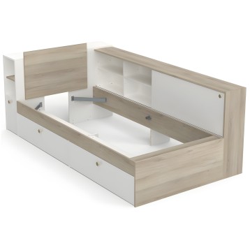 Cama infantil con cajones de madera clara y blanca con cabecero y estantes de almacenamiento integrados