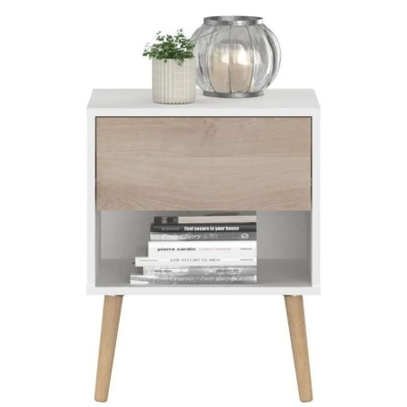 Mesita de noche blanca y madera con cajón y estante abierto patas de madera natural decorada con plantas y lámpara