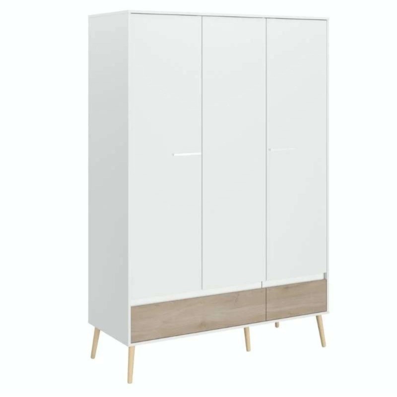 Armario blanco con puertas correderas y base en madera natural con patas de madera