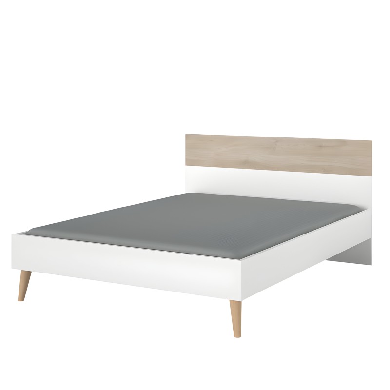 Cama de madera blanca y natural con cabecero tapizado gris y patas de madera clara
