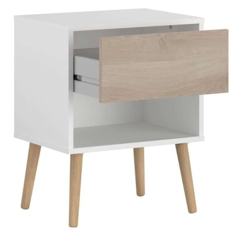 Mesita de noche blanca con cajón de madera clara y patas de madera natural estilo nórdico