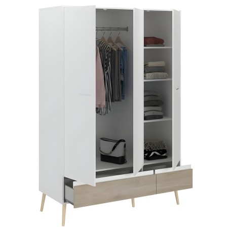 Armario blanco y madera con puertas de cristal y estantes internos para ropa y accesorios