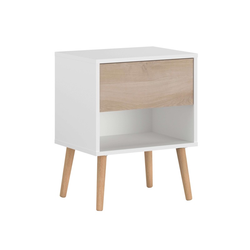 Mesita de noche blanca con cajón de madera natural y patas de madera clara
