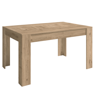Mesa rectangular de madera con acabado roble natural y patas gruesas macizas