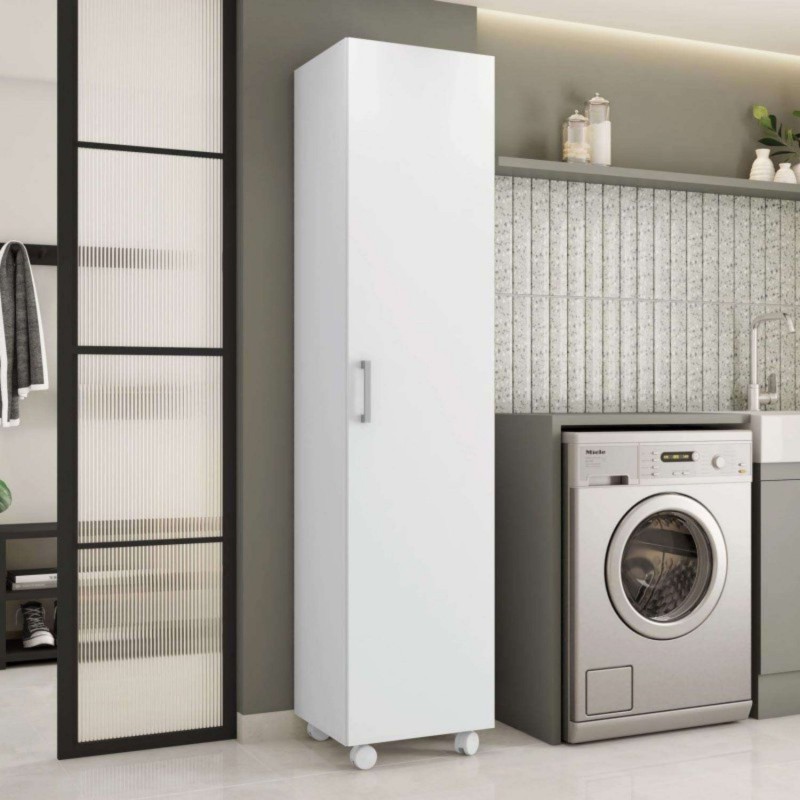 Armario alto blanco con puerta y ruedas en ambiente de lavandería moderna junto a lavadora