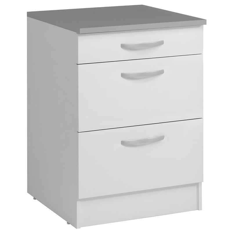 Mueble auxiliar blanco con tres cajones y encimera gris oscuro