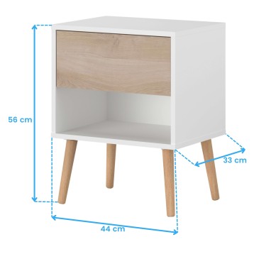 Mesita de noche blanca con puerta de madera clara y patas de madera natural
