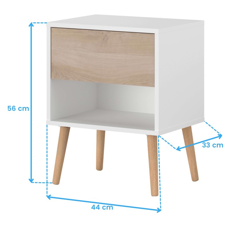 Mesita de noche blanca con puerta de madera clara y patas de madera natural