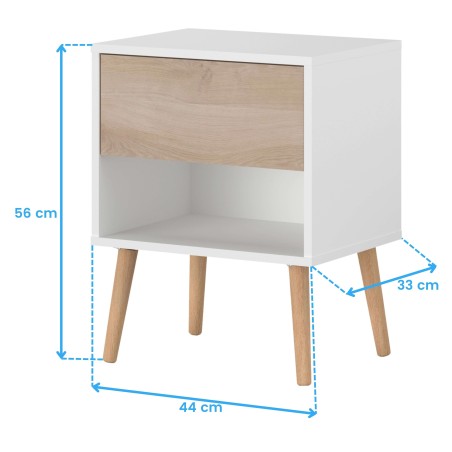 Mesita de noche blanca con puerta de madera clara y patas de madera natural