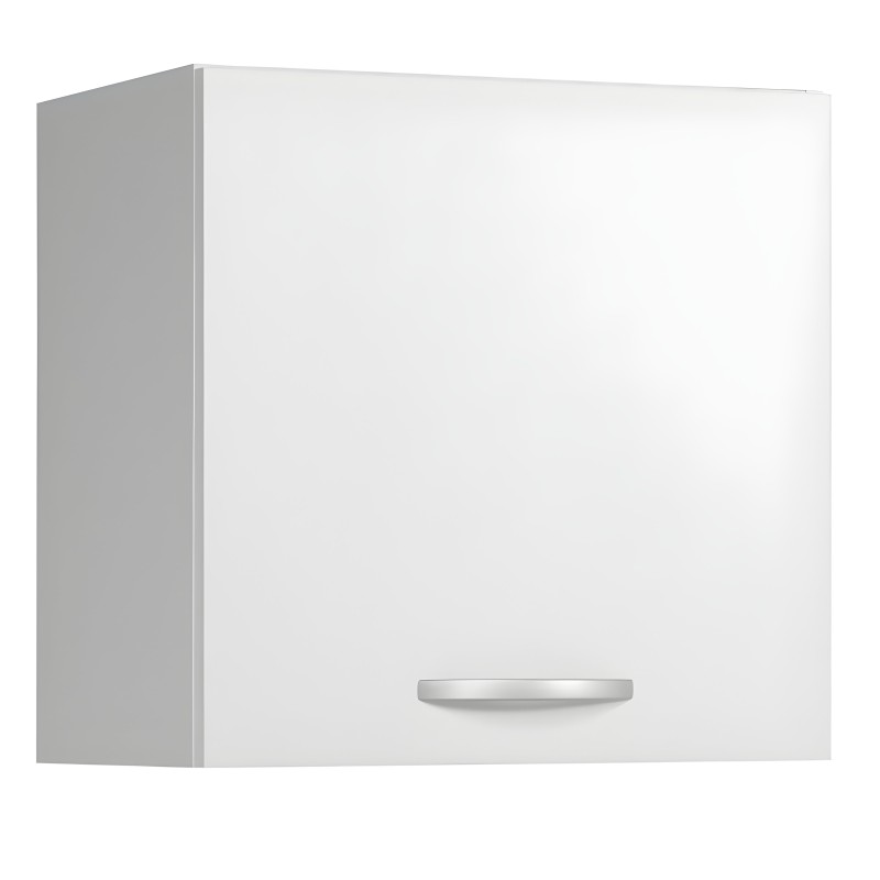 Mueble colgante de cocina blanco con frente lacado y lateral gris y tirador metálico