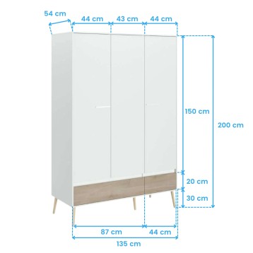 Armario blanco de puertas correderas con base en madera natural y patas de madera vista frontal con medidas