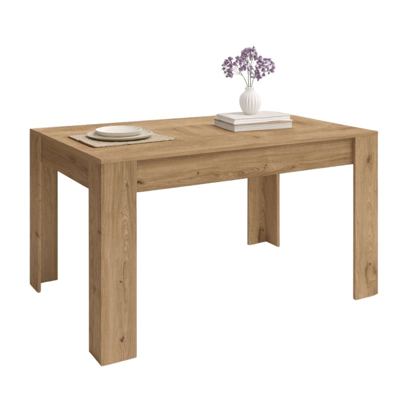 Mesa de comedor rectangular en madera clara con patas macizas y tablero liso
