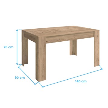 Mesa rectangular de madera clara con tablero liso y patas macizas vista en perspectiva