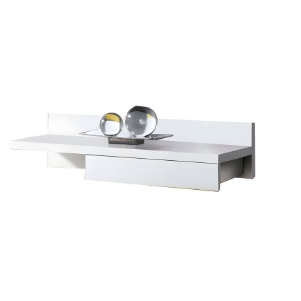 Mueble recibidor blanco y gris con cajón inferior y repisa superior decorada con esferas de cristal