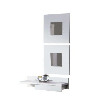 Mueble modular blanco con dos paneles espejo y consola flotante con cajón inferior decorado