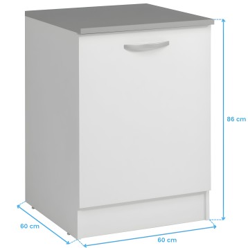 Mueble bajo de cocina blanco con encimera gris oscuro y puerta con tirador metálico