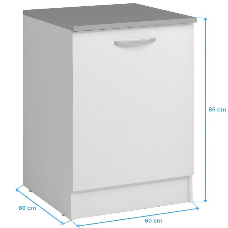 Mueble bajo de cocina blanco con encimera gris oscuro y puerta con tirador metálico