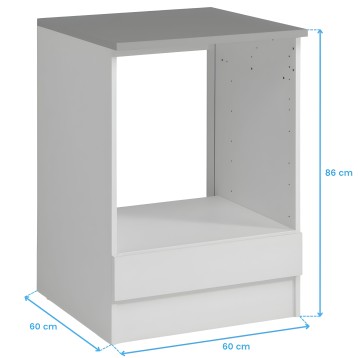 Mueble horno empotrable blanco y gris con marco abierto y dos cajones inferiores vista frontal y lateral