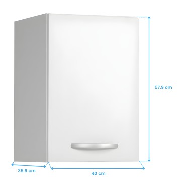 Mueble colgante blanco con puerta y lateral gris de almacenamiento y dimensiones indicadas