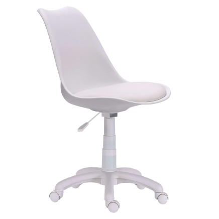 Silla de oficina giratoria blanca con respaldo ergonómico y base con ruedas ajustable en altura
