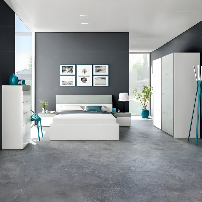 Dormitorio moderno con cama blanca de cabecero tapizado y mesitas grises integradas en ambiente minimalista con pared gris oscur