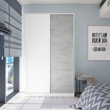 Armario empotrado de dos puertas corredera blanco y gris cemento en dormitorio moderno