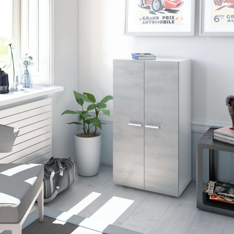 Armario de dos puertas en color gris cemento y blanco en ambiente de dormitorio moderno