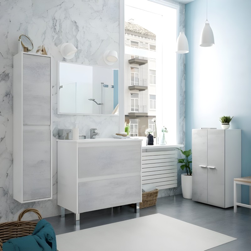 Conjunto de baño blanco con mueble lavabo de dos cajones y espejo rectangular en ambiente moderno