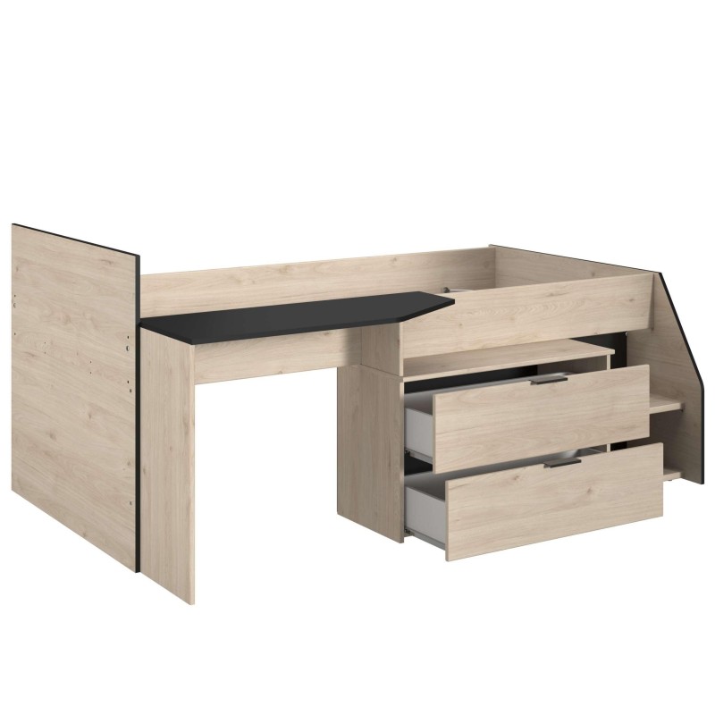 Cama nido con escritorio en madera clara y superficie negra con cajones de almacenamiento integrados