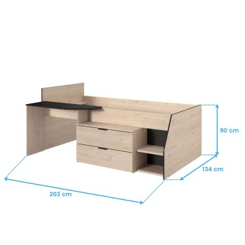 Cama nido de madera clara con escritorio integrado y cajones de almacenamiento