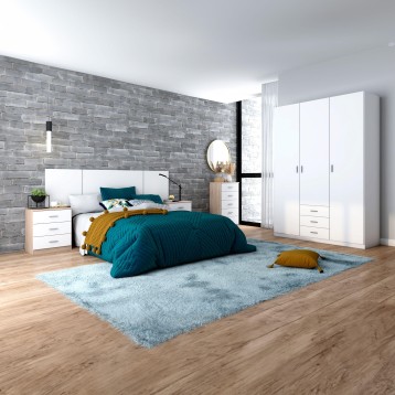 Dormitorio completo con cama de cabecero blanco y ropa de cama azul petróleo y armario blanco de puertas correderas