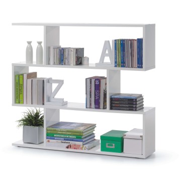 Estantería flotante blanca modular con múltiples niveles para libros y decoración con plantas y cajas de almacenaje