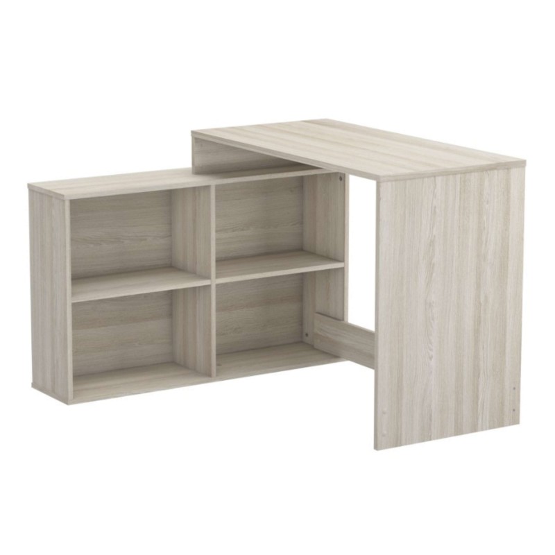 Escritorio esquinero en madera clara con cuatro compartimentos abiertos y superficie de trabajo rectangular